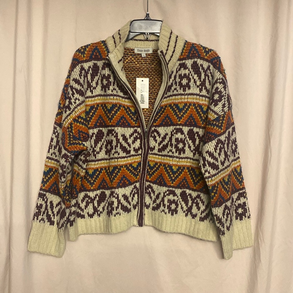 NWT Sloan Rouge Knit Sweater, Size L, Color OAT/BUR/NVY